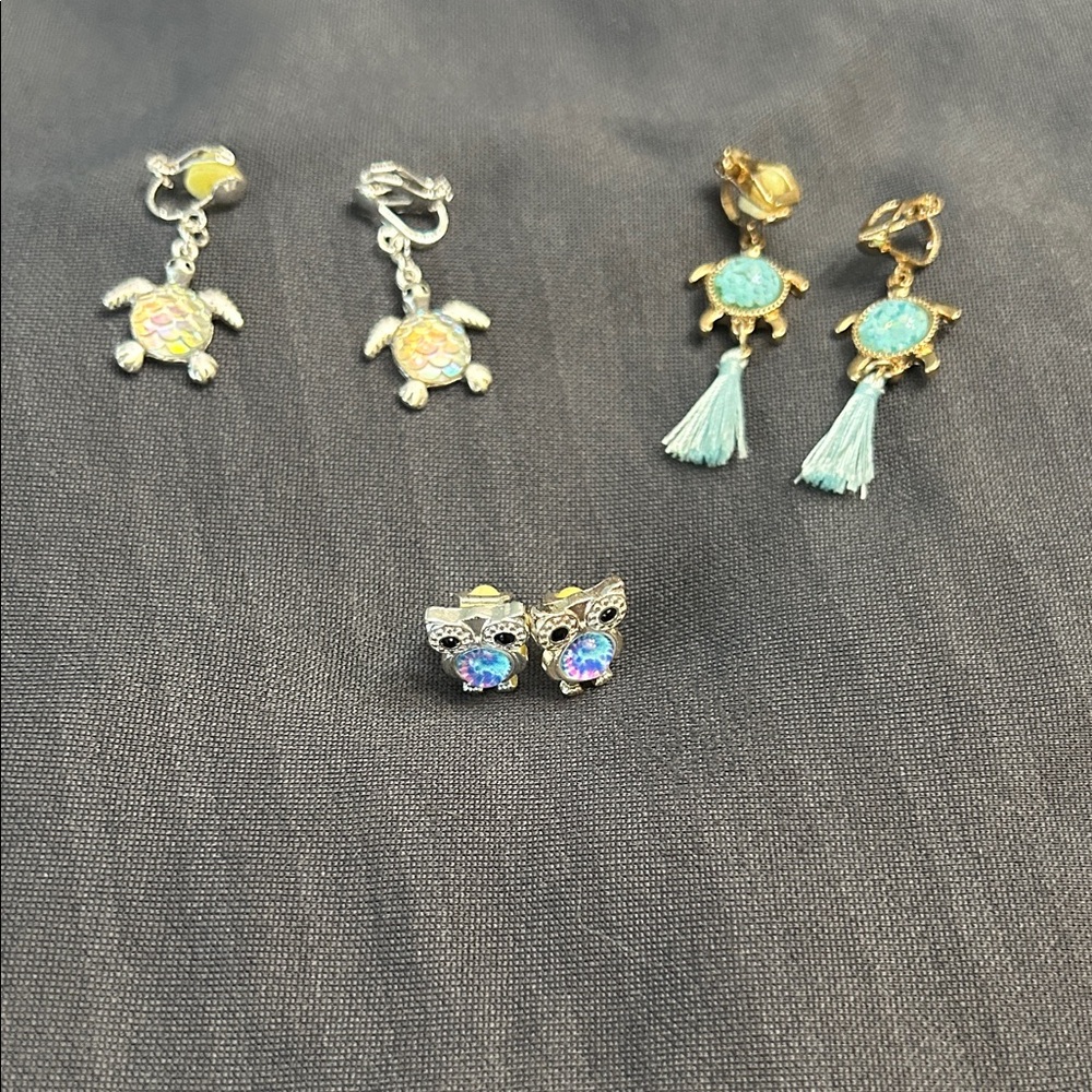 Colorful Turtle and Owl Clip On Earrings Set